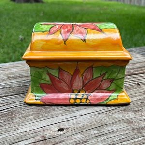 Hand painted Mexican Talavera box with lid orange/coral flowers